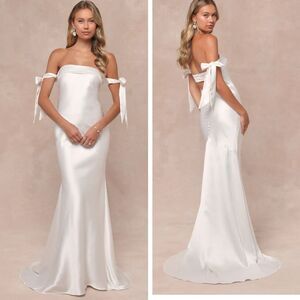 Lulus Eternally Loved White Cutout Satin Off-the-Shoulder Maxi Dress Size Small